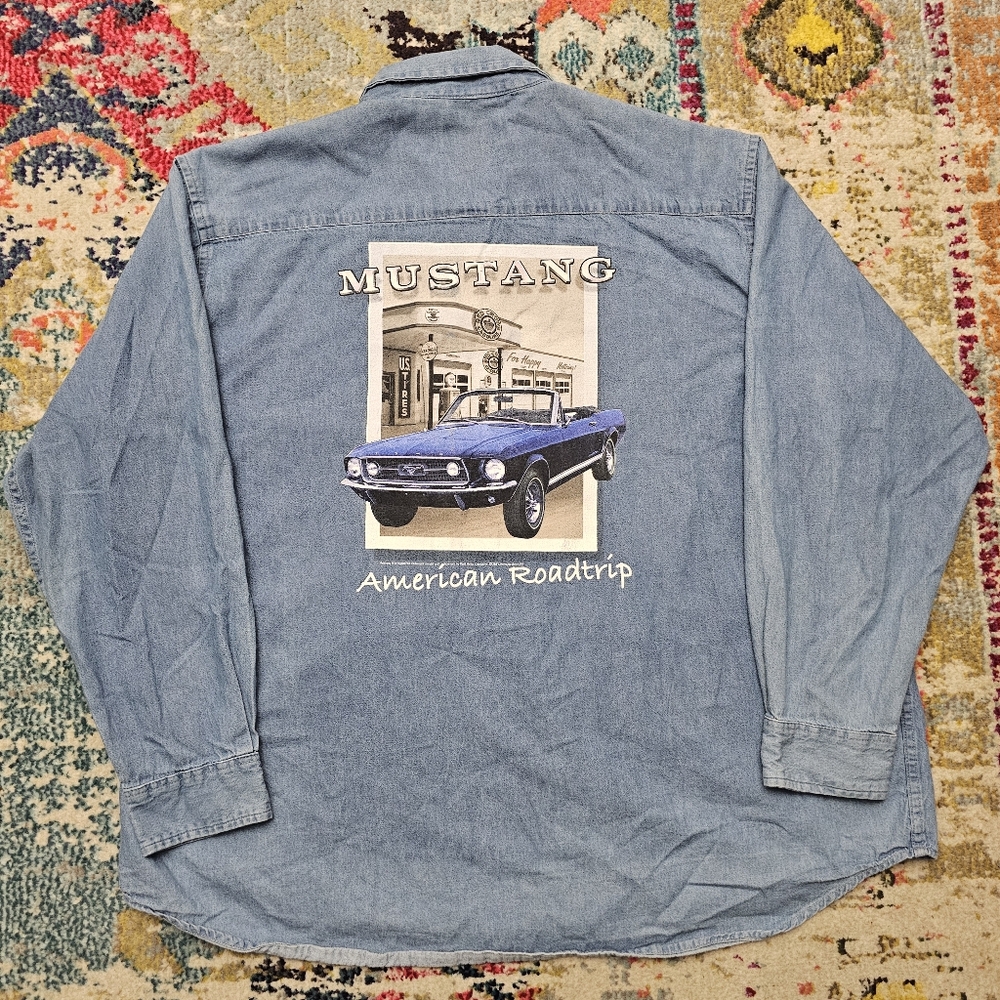 Joe Blow Classic Car Collection Mustang Shirt Mens 2XL Blue Denim Ford Shacket
